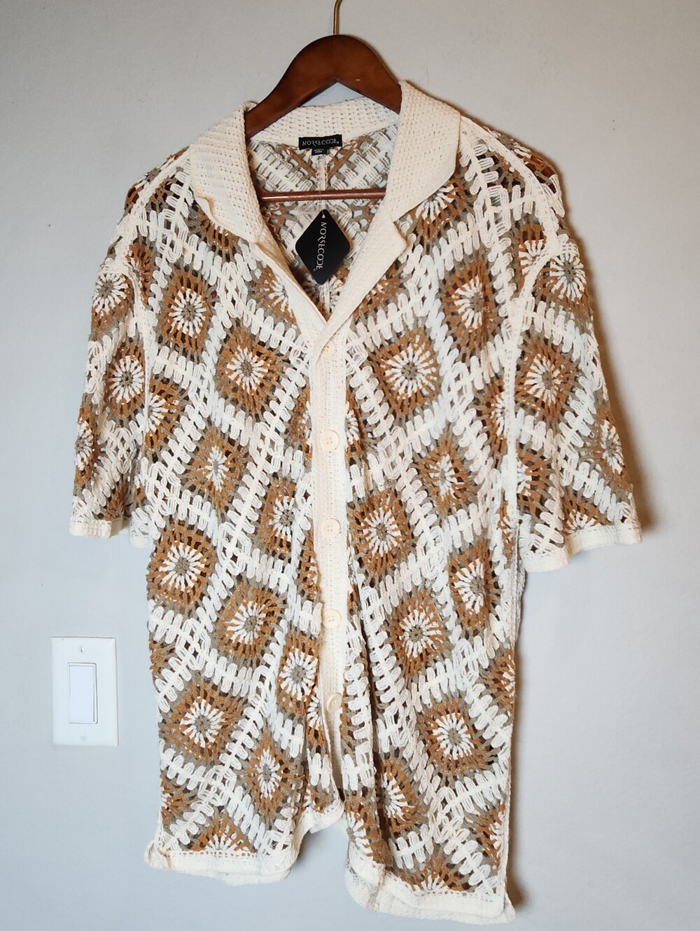 NWT Morsecode Open Loose Crochet Knit Button Collared Short Sleeve Shirt XXL